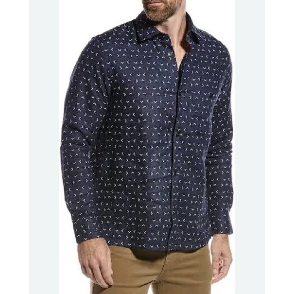 Ted Baker Arnel Geo Print Linen Button-Up L/S Shirt SZ 5 / XL Navy Blue Coastal‎